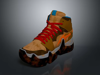 High Top Brown Orange Blue Red Sneakers With Patterned Sole And Fabric Design 3d model
