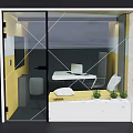 Modern Modular Office Workspace With Glass Doors Desk Computer Yellow Walls And Plants