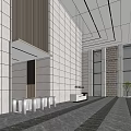 Modern Elevator Hallway Design With White Stone Walls Wooden Ceiling Accents And Sleek Entryway Finishes