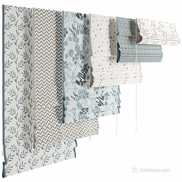 Stylish Roman Blinds Featuring Leaf Chevron and Dotted Patterns in Neutral Tones 3d model 