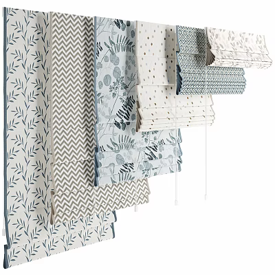 Stylish Roman Blinds Featuring Leaf Chevron and Dotted Patterns in Neutral Tones 3d model