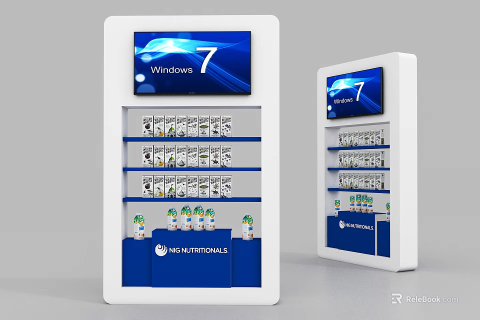 White Display Shelves With Top Screen Windows 7 Products And WNS Logo 3d model 