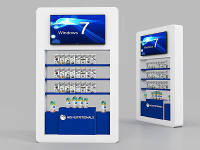 White Display Shelves With Top Screen Windows 7 Products And WNS Logo 3d model
