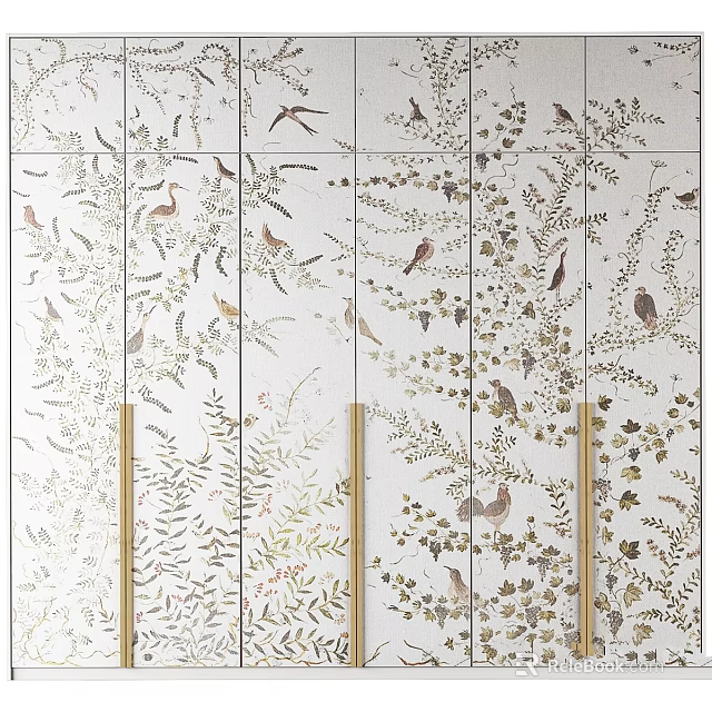 Elegant Decorative Tile Wall With Floral Bird Patterns And Golden Strips 3d model 