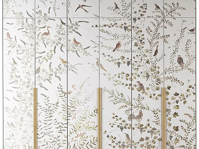 Elegant Decorative Tile Wall With Floral Bird Patterns And Golden Strips 3d model