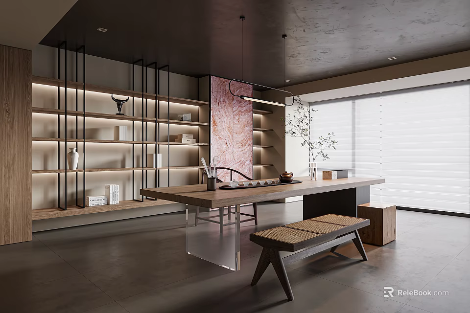 Modern Tea Room Interior Design With Wooden Tea Table Bench And Display Shelves 3d model 