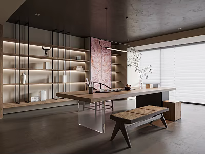 Modern Tea Room Interior Design With Wooden Tea Table Bench And Display Shelves 3d model