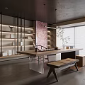 Modern Tea Room Interior Design With Wooden Tea Table Bench And Display Shelves