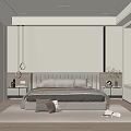 Modern Bedroom Interior Design With Large Bed Striped Accent Wall Open Wardrobe And Nightstands