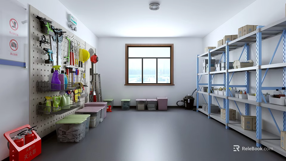 Organized Storage Room With Wall Mounted Tools Shelves And Colorful Bins 3d model 