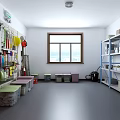 Organized Storage Room With Wall Mounted Tools Shelves And Colorful Bins