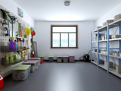 Organized Storage Room With Wall Mounted Tools Shelves And Colorful Bins 3d model
