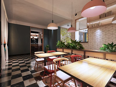 Modern Restaurant Interior With Checkered Floor Wooden Tables Red Chairs And Pendant Lights 3d model