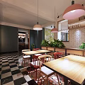 Modern Restaurant Interior With Checkered Floor Wooden Tables Red Chairs And Pendant Lights