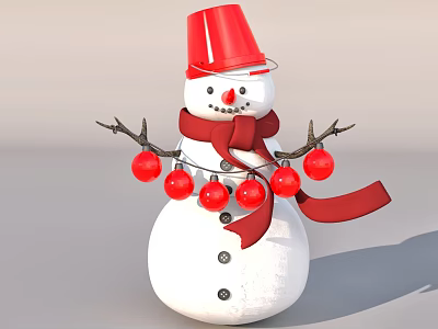 Festive Snowman Sculpture With Red Hat Scarf Branch Arms And Red Balls 3d model