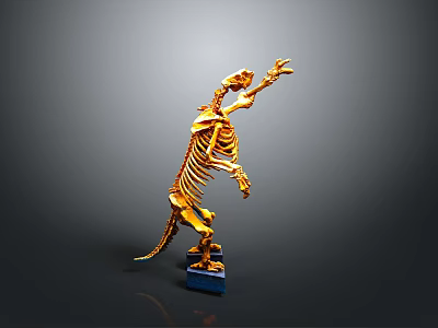 Golden Animal Skeleton Model in Standing Pose with Blue Base and Gray Background 3d model
