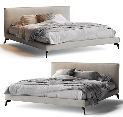 Modern Double Bed With Soft Gray Linen Bedding Multiple Pillows And Simple Headboard Design 3d model