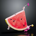 Fresh Red Watermelon Slice With Black Seeds And Small Characters On Dark Background 3d model