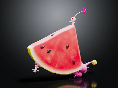 Fresh Red Watermelon Slice With Black Seeds And Small Characters On Dark Background 3d model