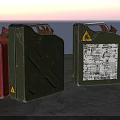 Green And Red Worn Fuel Cans With Warning Symbols And Labels