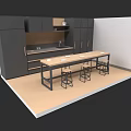 Modern Minimalist Kitchen Interior With Black Cabinets Long Table Bar Stools And Appliances 3d model