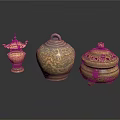 Traditional Carved Ceramic Sculptures Including Pagoda Shaped Handled and Lidded Vessels with Intricate Patterns