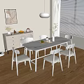 Modern Dining Table Set With Marble Top Six White Chairs And Sideboard Cabinet 3d model