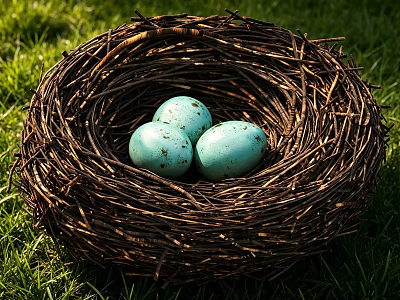 Natural Bird Nest With Three Turquoise Eggs On Green Grass 3d model