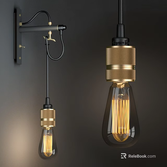 Vintage Industrial Wall Sconces with Metal Body Clear Filament Bulb Mounted on Dark Wall 3d model 