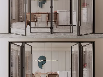 Modern Interior Design Featuring Glass Partition Doors Dining Table And Pendant Lights 3d model