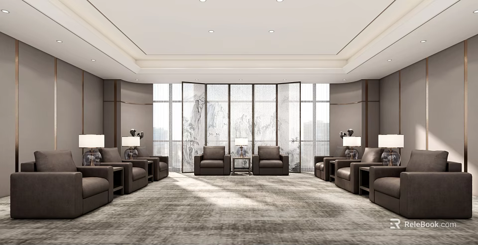 Modern Hotel Public Lounge Interior With Large Windows Comfortable Sofas And Soft Lighting 3d model