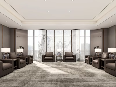 Modern Hotel Public Lounge Interior With Large Windows Comfortable Sofas And Soft Lighting 3d model