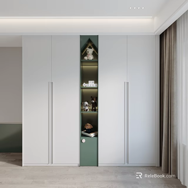 Modern White Wardrobe Interior With Green Accent Shelves And Decorative Ornaments 3d model 