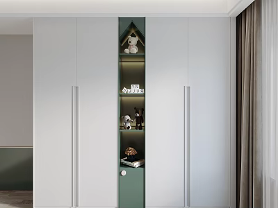 Modern White Wardrobe Interior With Green Accent Shelves And Decorative Ornaments 3d model