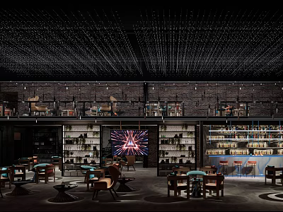 Stylish Bar Interior With Brick Wall Bookshelves Large Screen Fireworks Display And Ceiling Decorations 3d model
