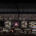 Stylish Bar Interior With Brick Wall Bookshelves Large Screen Fireworks Display And Ceiling Decorations