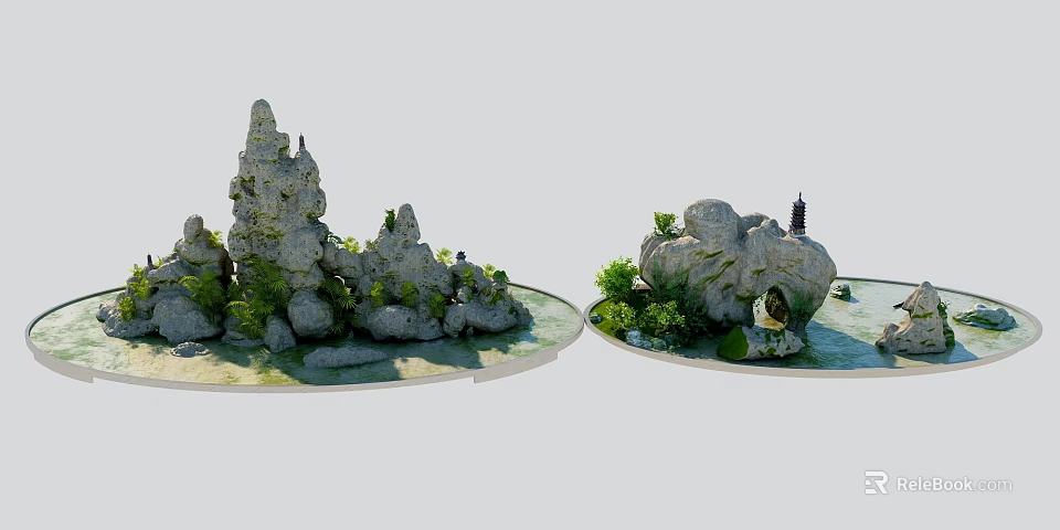 Exquisite Garden Ornaments With Rockery Green Plants Small Pagoda And Pond Design 3d model 