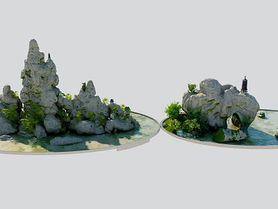 Exquisite Garden Ornaments With Rockery Green Plants Small Pagoda And Pond Design 3d model
