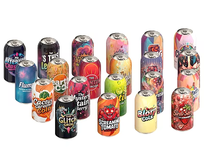 Vibrant Assorted Beverage Cans In Various Colors Displaying Diverse Flavors And Designs 3d model