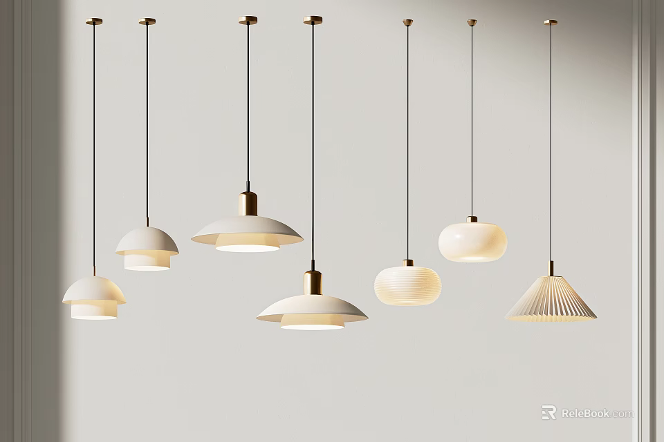 Modern Pendant Lights With Various Designs Hanging On Gray Wall Background 3d model