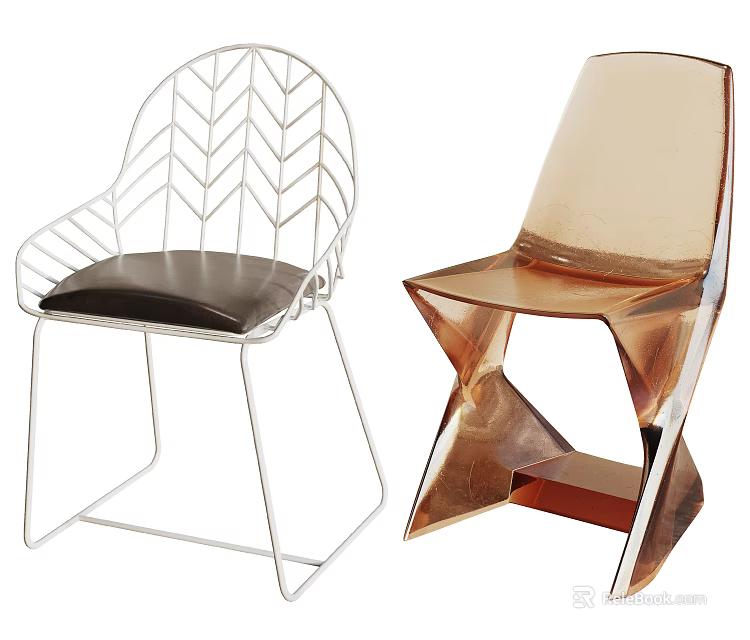 Modern Leisure Chairs With Metal Leaf Pattern Frame Black Seat And Acrylic Geometric Design 3d model 