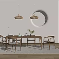 Modern Wooden Dining Table Set With Chairs Pendant Lights And Round Wall Decor