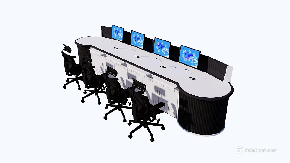 Modern Conference Table With Multiple Monitors And Black Office Chairs 3d model 