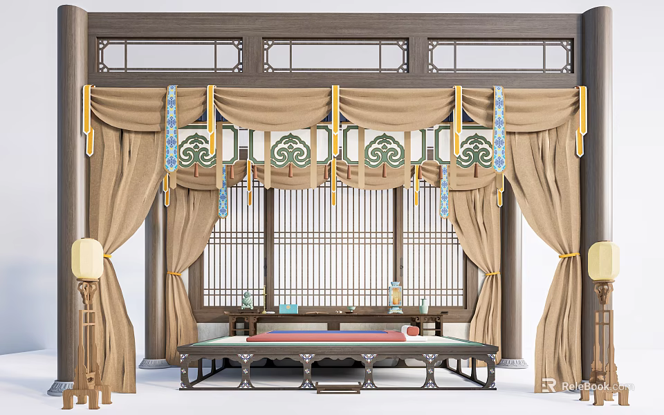 Traditional Chinese Beige Curtains With Decorative Tassels In Wooden Frame Interior 3d model 
