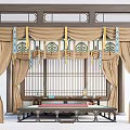 Traditional Chinese Beige Curtains With Decorative Tassels In Wooden Frame Interior
