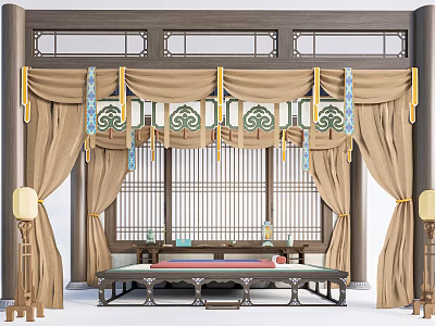 Traditional Chinese Beige Curtains With Decorative Tassels In Wooden Frame Interior 3d model