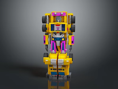 Yellow And Purple Robot Toy Figure With Multiple Wheels And Pink Accents 3d model