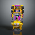 Yellow And Purple Robot Toy Figure With Multiple Wheels And Pink Accents