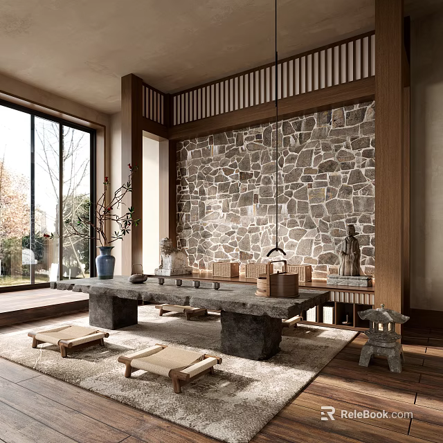 Traditional Japanese Tea Room With Stone Wall Tatami And Large Windows 3d model 