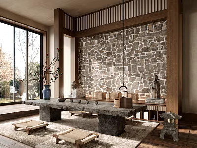 Traditional Japanese Tea Room With Stone Wall Tatami And Large Windows 3d model